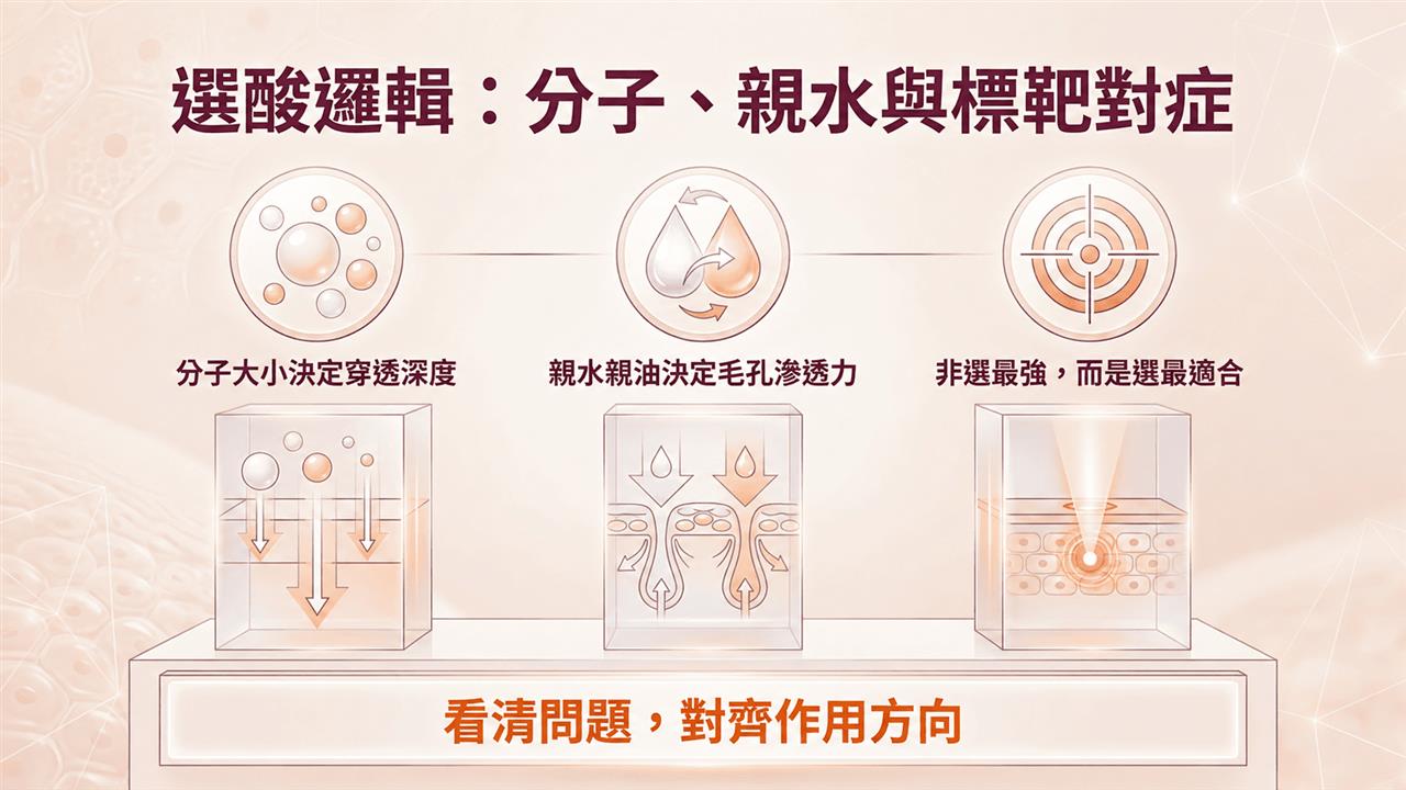 選酸邏輯：分子大小、親水親油與標靶對症