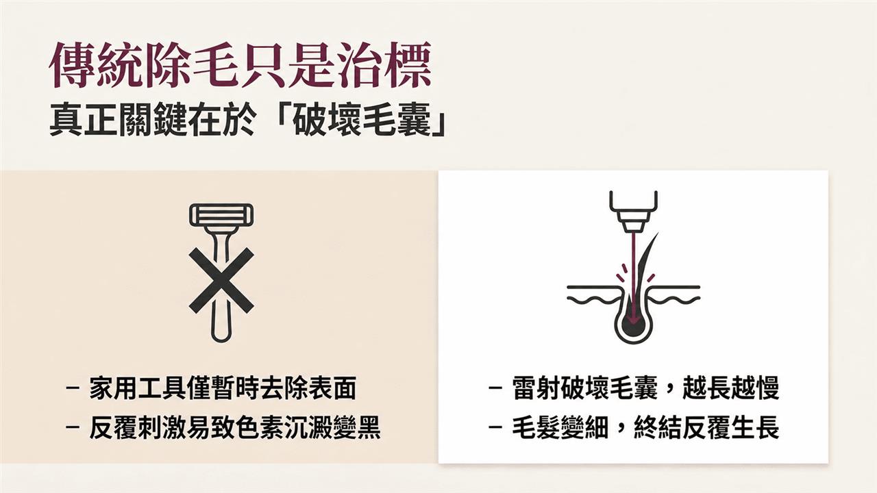 傳統除毛只是治標，雷射真正關鍵在破壞毛囊