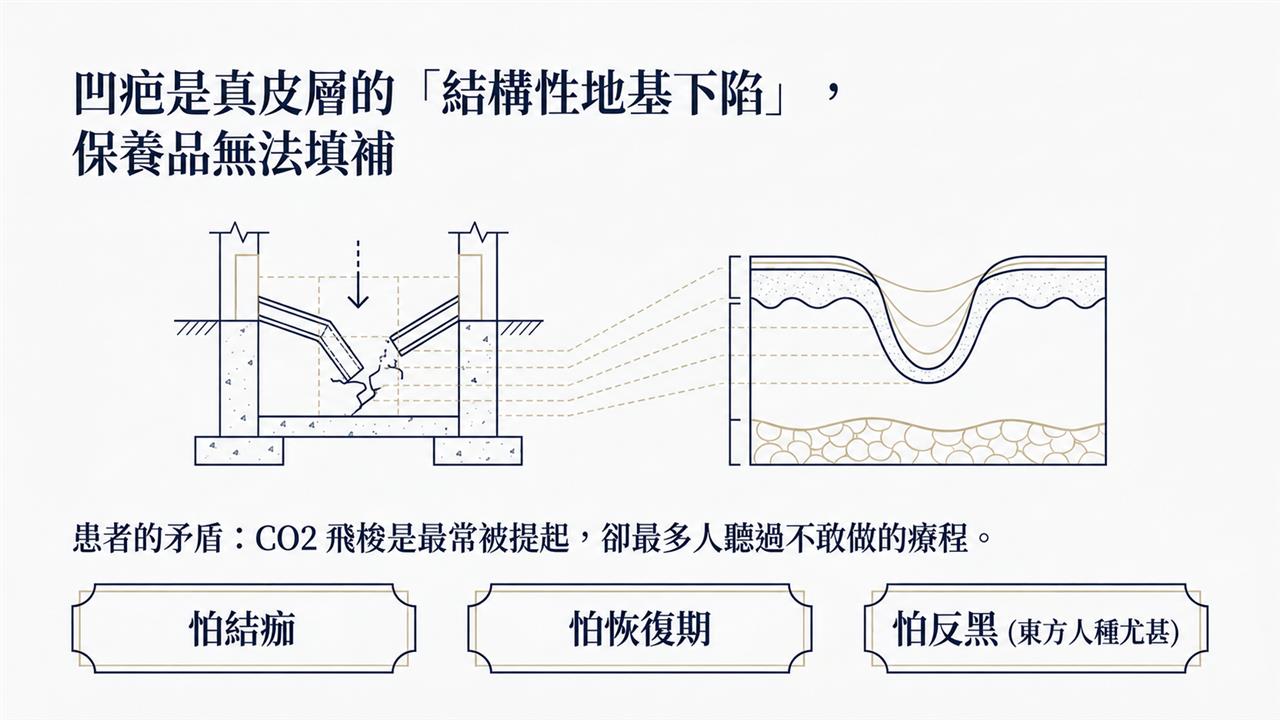 凹疤是真皮層結構性地基下陷