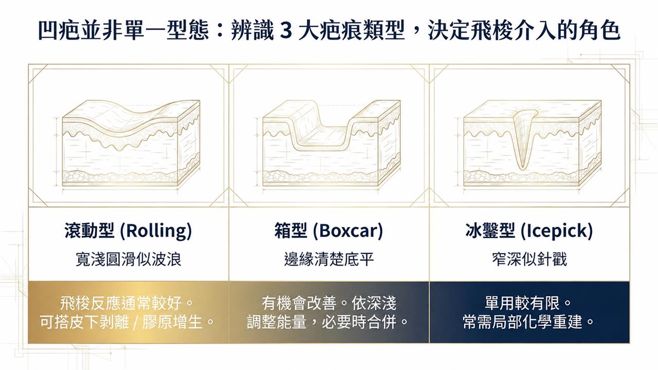 凹疤三大類型：滾動型、箱型、冰鑿型與飛梭雷射角色