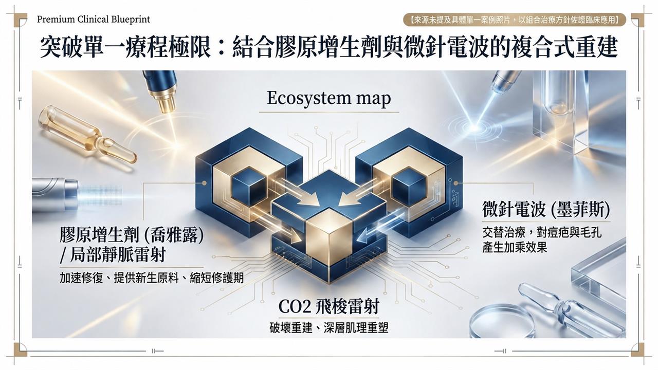 CO2 飛梭雷射搭配喬雅露、局部靜脈雷射與墨菲斯微針電波複合式治療