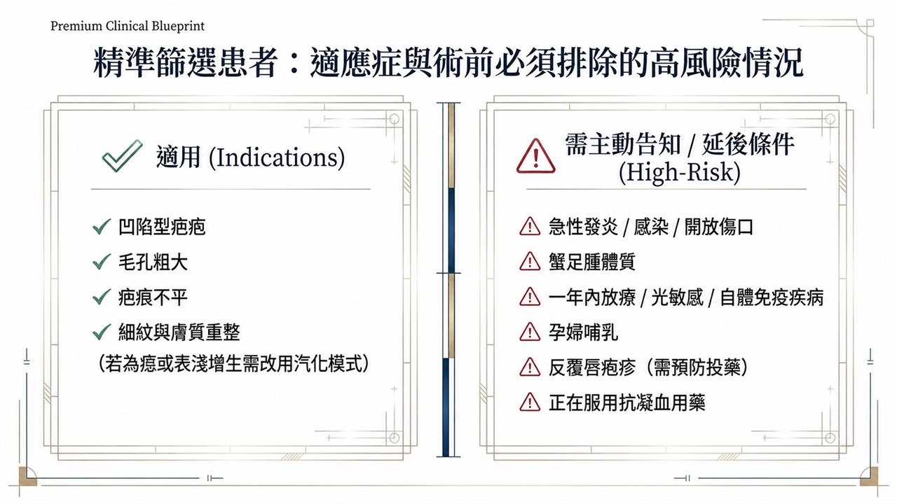 CO2 飛梭雷射適應症與術前需排除的高風險情況