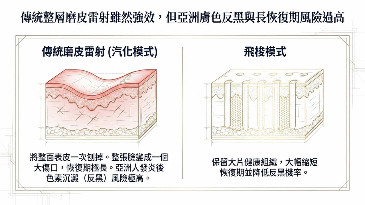 傳統磨皮雷射與飛梭模式比較