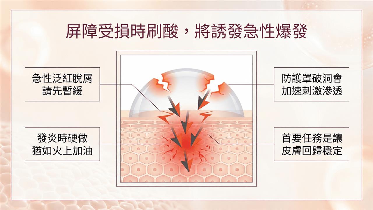 屏障受損時刷酸，將誘發急性爆痘
